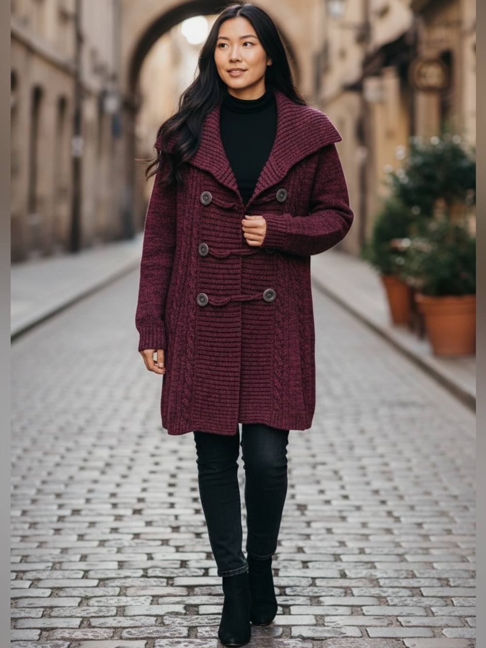 Style & Co. Cardigan Red/ Black Large Button Down Knit Extra Long